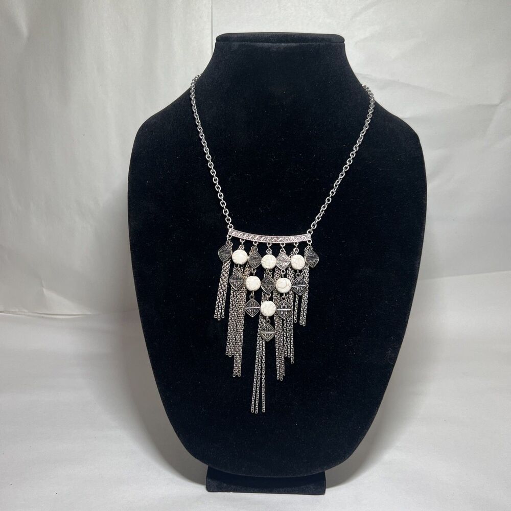 Women's Silver Turkish Statement Long Tassel and Pendant Necklace